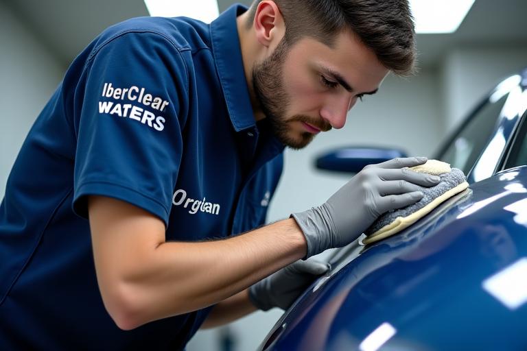 Miembro del equipo de IberClear Waters puliendo un coche con profesionalidad